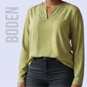 Boden Blouse Women's Size 10R Carey Yellow Geometric Long Sleeve Silk Boho Top